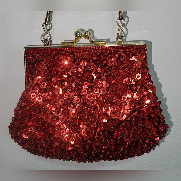 Macy's Red Gold Sequin Evening Clutch Purse Handmade Vintage - Picture 8 of 10